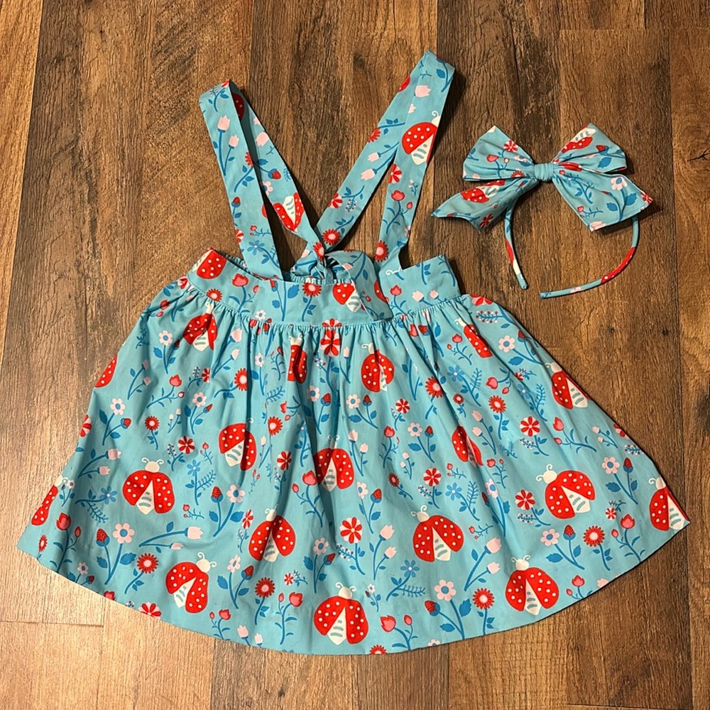 Merce & Me Red and Blue Ladybug Suspender Skirt with matching headband